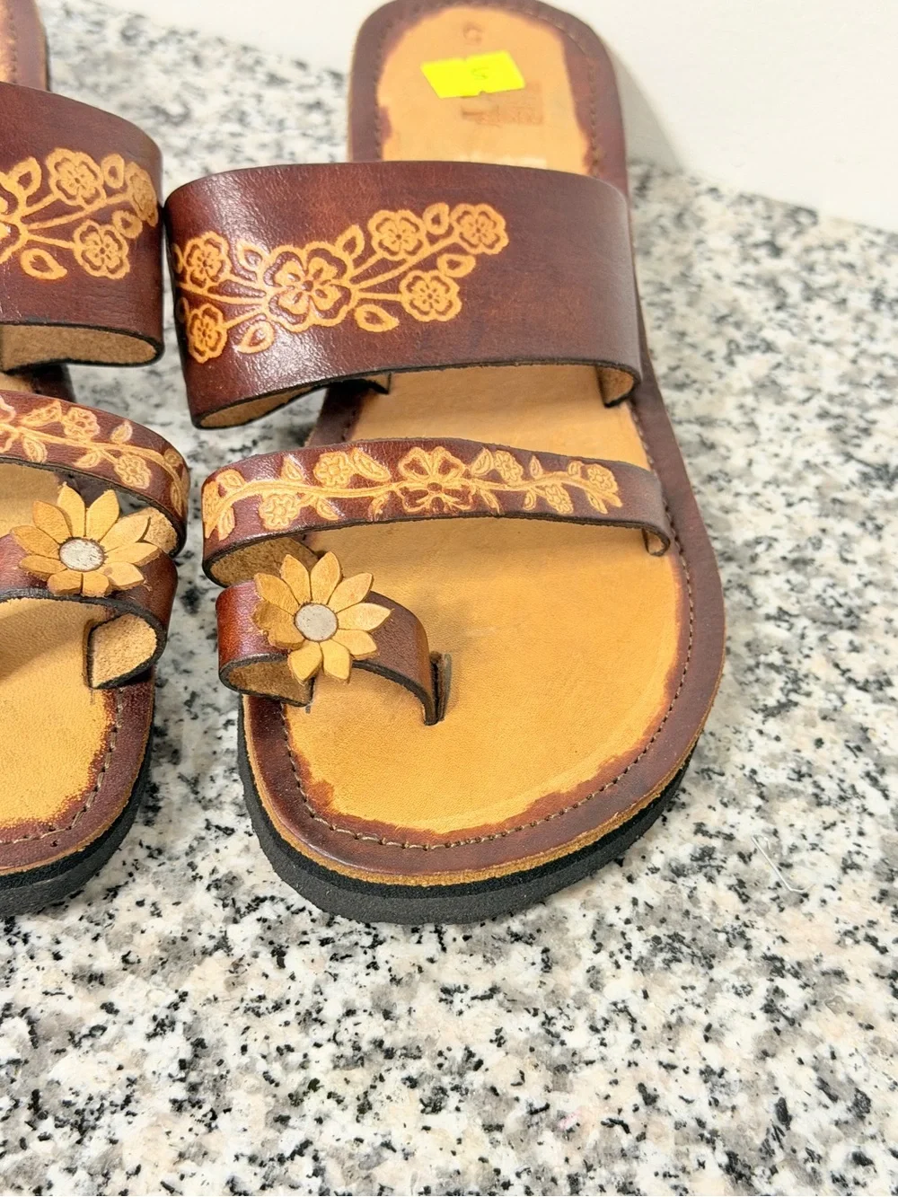 Women’s Brown Floral Leather Slide Sandals mexico sz 5 US sz 8 - Picture 2 of 9